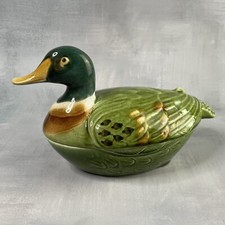 MICHEL CAUGANT : moyenne terrine boite canard vert faïence barbotine Haut.~12cm