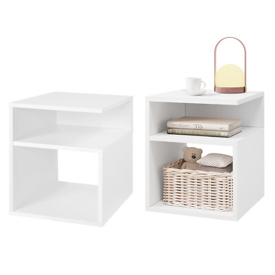 EUGAD 2x Nachttisch Weiß Beistelltisch mit 2 offene Fächer 35x35 cm Nachtkommode