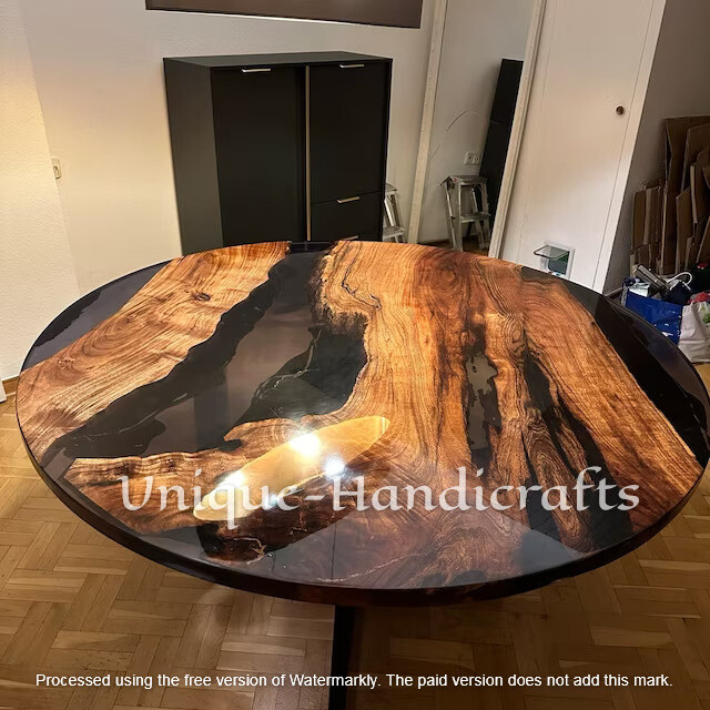 Handmade Black Resin Walnut Table, Epoxy Round Dining Table - Dining Room Decors