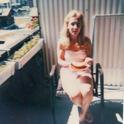Vintage Polaroid Photo Pretty Lady Eating Outside Deck Legs Retro Cityscape View