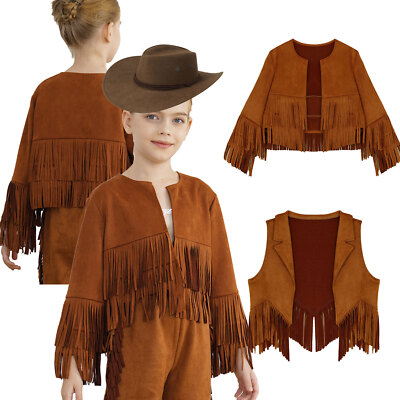 BOOMNY Boys Girls Western Cowboy Cow Girl Outfits Open Front Fringe Vest Party Dress Up Tassel Waist Coat Tops Carnival Performance Shirts