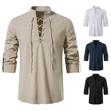 Mens Casual Cotton Linen T-Shirts Tops Tee Slim Fit Lace-up Blouse Henley Shirts