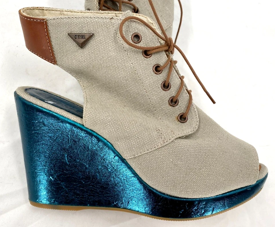 DIESEL Canvas Leather Chunky Wedge Heels Shoes Lace Up Booties Sandals Sz 40 (9) - Image 3 of 4