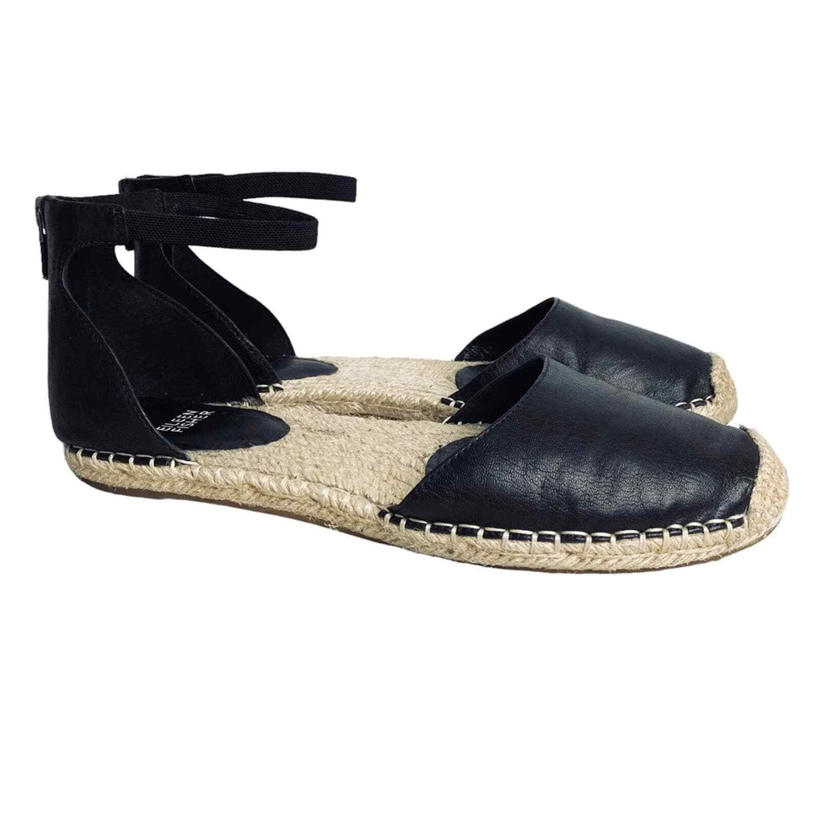 Eileen Fisher LaLa black leather espadrille flat sandals ankle strap back  zip 10 | eBay