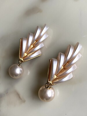 Boucles D'oreilles Clips Oversize Vintage Années 80 - Perles Et Métal Doré, Occasion