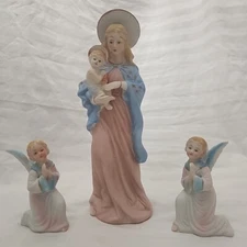 Vintage ARTMARK Madonna Mary Jesus and 2 Angels Handpainted Figurines Bisque