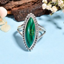 Natural Malachite Ring Green Stone 925 Sterling Silver Statement Rings for Women