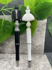 2 PC Handmade Silicone Bead Rhinestone Black Ink Pen Set Bride Groom B7725