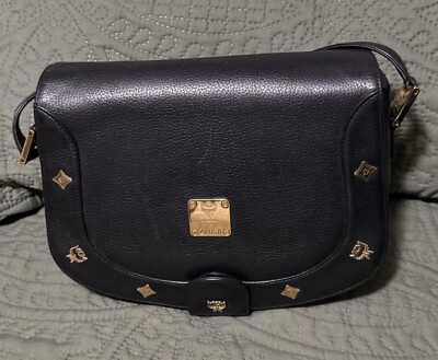 MCM Logo Plate Icon Black Leather Shoulder Bag Pre-Owned