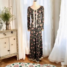 Vintage Boho Prairie Maxi Skirt Top Womens Size XS Black Pink Floral 2 Piece Set