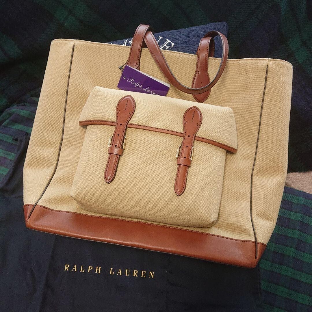 Ralph Lauren Purple Label Canvas Leather Tote Bag Beige Brown Near