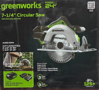 #ad Greenworks 24V 7 1 4#x27;#x27; Circular Saw Brushless Cordless 4Ah Battery amp; 2A Charger $151.61