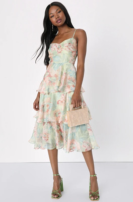 Lulu's Darling Aesthetic Green Floral Print Tiered Midi Dress Sz S