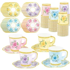 Fairooth 24 Sets Floral Paper Tea Cups and Saucers Disposable Tea Party Supplies