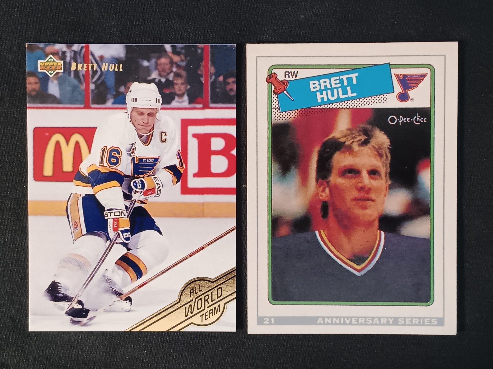 1988/89 BRETT HULL  UPPERDECK ALL WORLD TEAM #W2 & O-PEE-CHEE ANNIV.SERIES #21