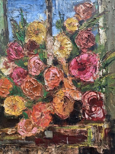 BASKET FLOWERS ON WINDOWSILL Oil Painting MCM Textured Impasto Still Life BOLD! - Picture 4 of 12