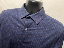 Bugatchi Shirt Mens Medium Navy Blue Geometric Ooohcotton Tech 8 Way Stretch A4