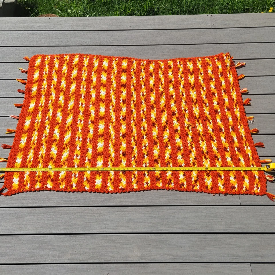 复古 70 年代手工毯子阿富汗 70 年代 80 年代橙色、白色、黄色 38x60 — 第 2/4 张图片