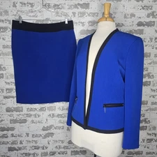 Kasper 2 Piece Skirt Suit Womens 12P Blue Black Open Front Business Career Wear