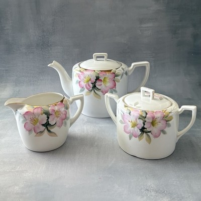 VINTAGE Noritake Azalea 3 Cup  5  Tea Pot & Creamer & Sugar W/Lid Green Mark