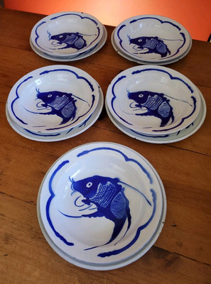 Enamelware Asian Blue Koi Fish Metal Hand Painted 5 Plates 5 Bowls Table Setting