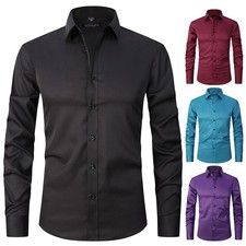Men's Fashion Elastic Shirt Long Sleeve Shirt Top Slim Fit Solid Color