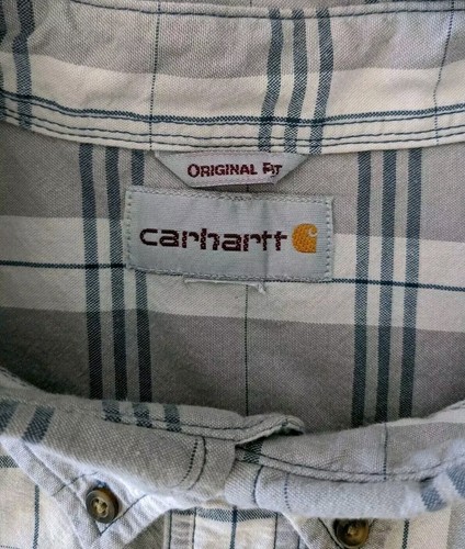 CARHARTT Original Fit Shirt Midweight CHAMBRAY Plaid Logo S/S Pocket Measures XL - Picture 3 of 4