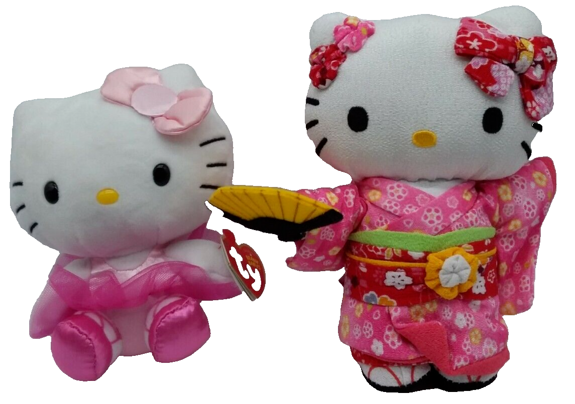 2 Hello Kitty Sanrio Plush Stuffed Toys Ty Asian Chinese Cat in