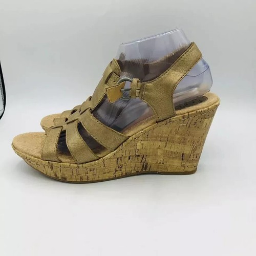 Sandalias BOC para mujer talla 10 Gold Born Concept cuero hebilla corcho cuña zapatos - Imagen 5 de 13