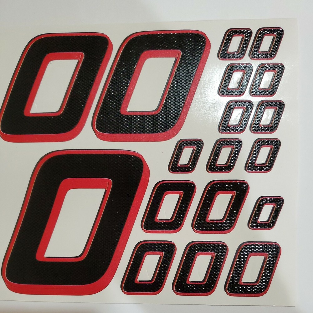 Matte Black-w/Gloss Carbon Fiber w/Red #0's Racing Numbers Vinyl Decal Sheet Rc