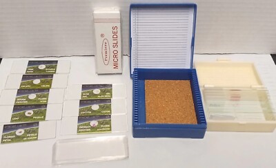 Lot of microscope slides 13 Prepared specimen PLUS 20 CLEAR SLIDES & organizer