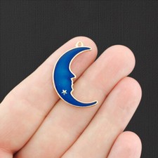 4 Crescent Moon Charms Gold Tone with Deep Blue Enamel - E763