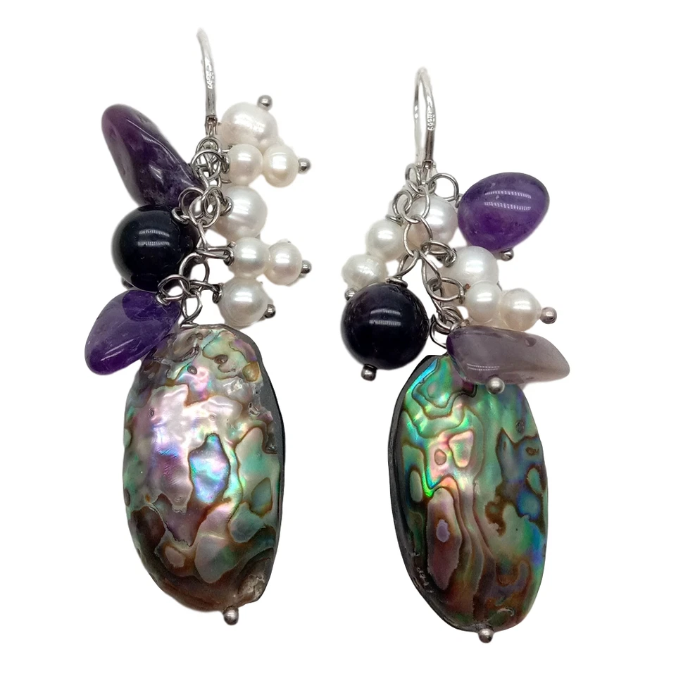 Freshwater White Pearl Amethyst Abalone Shell Silver Leverback Earrings - Image 2 of 4