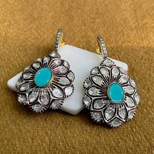 Victorian Style 4.96ct Rose Antique Cut Diamond Turquoise Silver Earring Jewelry