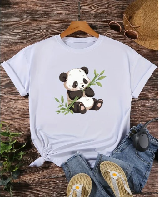 Panda Print Crew Neck T-Shirt, Casual Short Sleeve T-Shirt