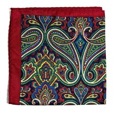 Burgundy Navy Blue Paisley Silk-Like Pocket Square Handmade