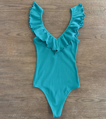Aritzia Wilfred Danette Bodysuit Womens Size XS Teal Ruffle Frill Ribbed Stretch