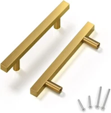 6Pack Gold Brushed Square Kitchen Cabinet Pulls Knobs Set Stainless Steel 3-3/4"