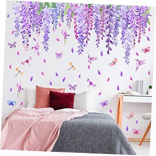 Flower Vine Wall Stickers Summer Purple Flower Window Wall Floral Wisteria