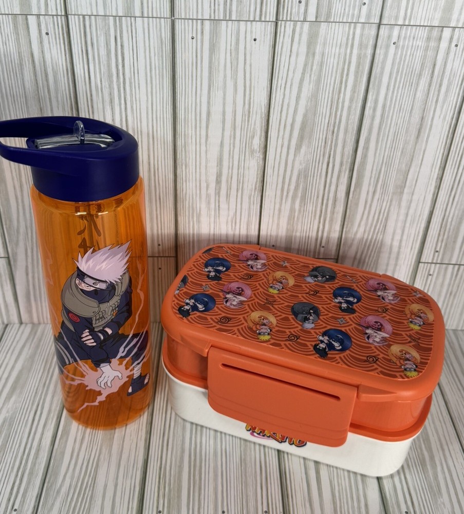 Naruto Bento Box And Plastic Water Bottle Orange Fork Spoon 2 Trays New Naruto Bento Box And Plastic Water Bottle Orange Fork Spoon 2 Trays New