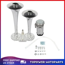 Dual Trumpet Train Loud Chrome Air Horn Compressor Kit For Car Truck Train