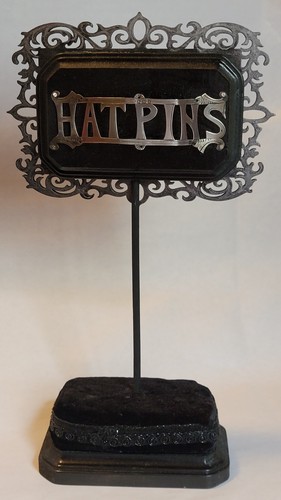 1906 REYNOLDS & WESTWOOD HATPIN HOLDER  SILVER CUTOUT "HATPINS" DOWEL/WOOD BASE