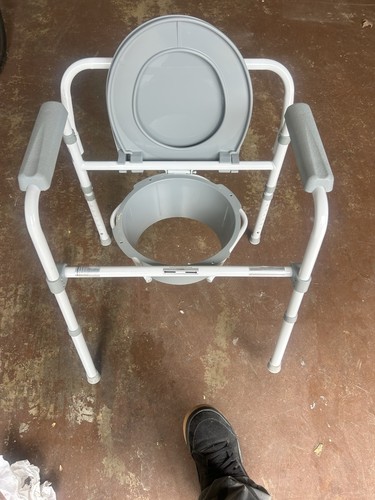 Gray Adjustable Height Bedside Commode Chair with Lid and Backrest