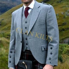 Scottish Light Grey Argyle Kilt Jacket with WaistCoat Handmade for Men