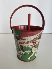 Vintage US Metal Toy Tin Litho Sand Pail With Shovel, Kids Playing In Sprinkler