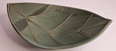 Artisan Pottery Leaf Shaped Dish Blue-Green Matte Glazed 10'' Unique