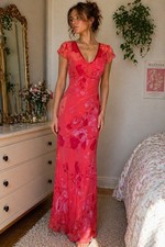 Vintage Studio Y Red Pink Floral Maxi Dress Size 3/4 Y2K Sheer Overlay Bodycon