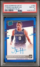 TYRESE HALIBURTON 2020 DONRUSS OPTIC BLUE PRIZM ROOKIE AUTO /49 PSA 8