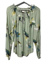 A New Day Green Floral Long Sleeve Top Blouse Size S