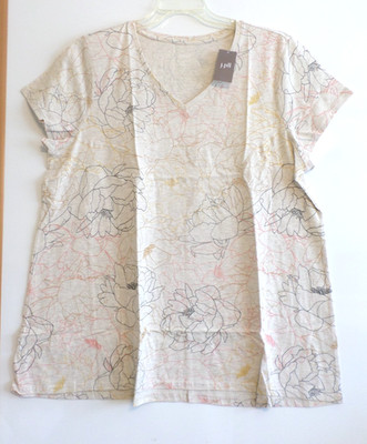 NWT PURE JILL(J JILL) SS  V NECK PIMA ELLIPTICAL TEE-XL-OATMEAL SKETCH FLORAL